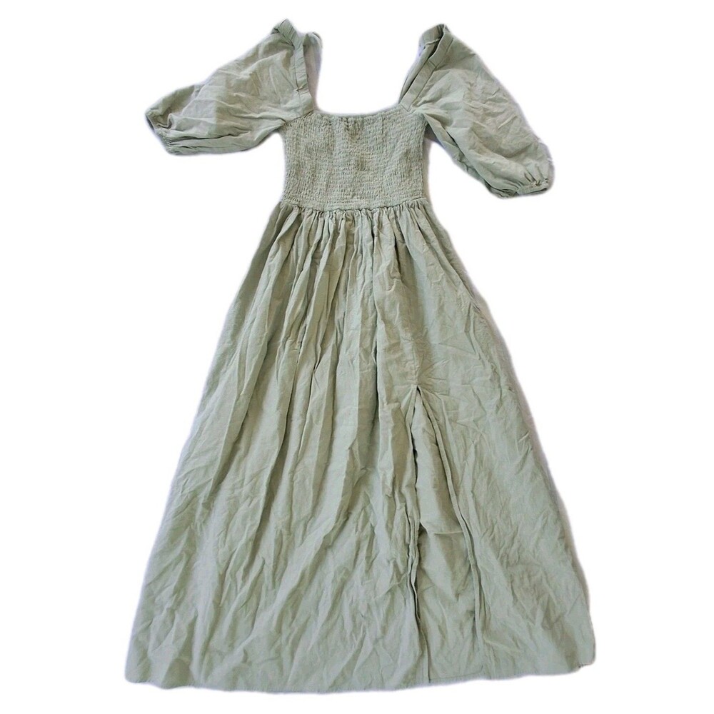 Nasty Gal Sz 4 Sage Maxi Cottagecore Milkmaid Dress Cotton Puff Sleeves Smocked